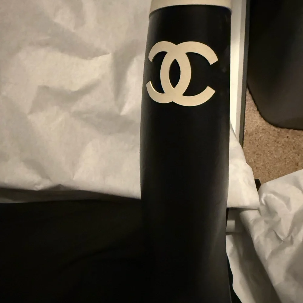 CHANEL Black and White Signature Tall Rain Boots